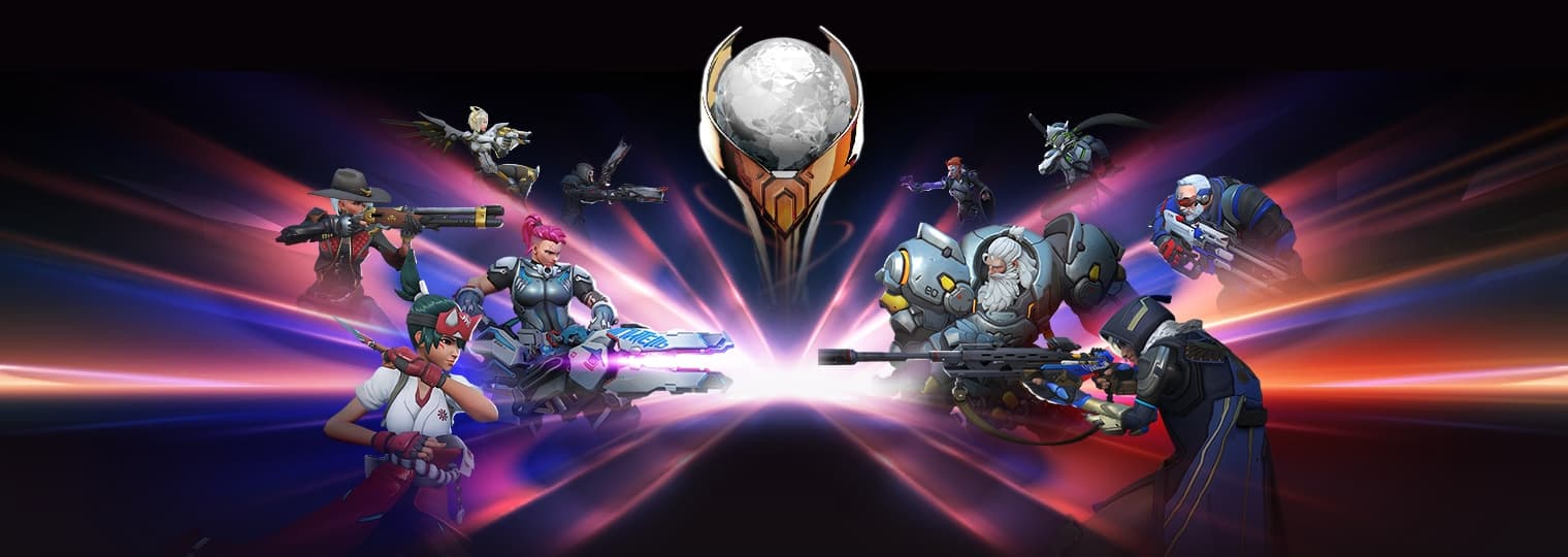 Illustration officielle du lancement de Stadium réunissant plusieurs héros d’Overwatch.