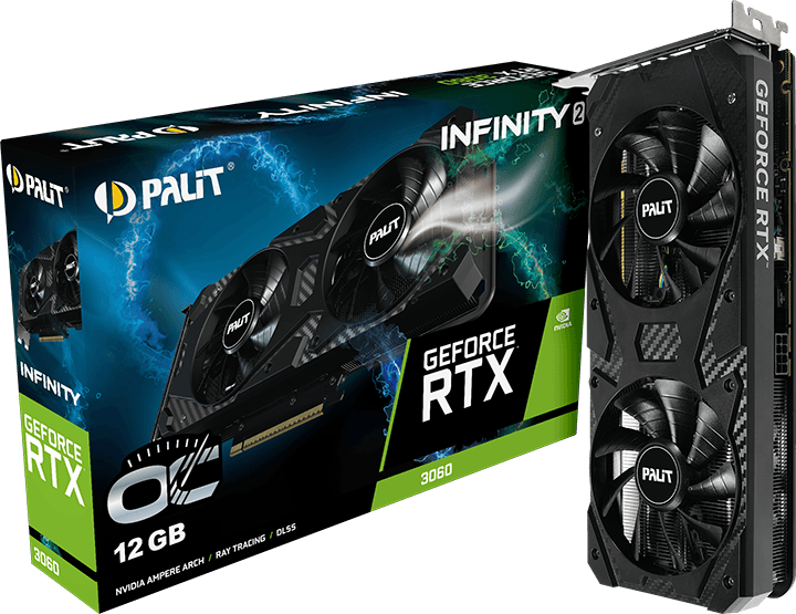 Vue officielle de face de la Palit GeForce RTX 3060 Infinity 2 OC et de ses deux ventilateurs.