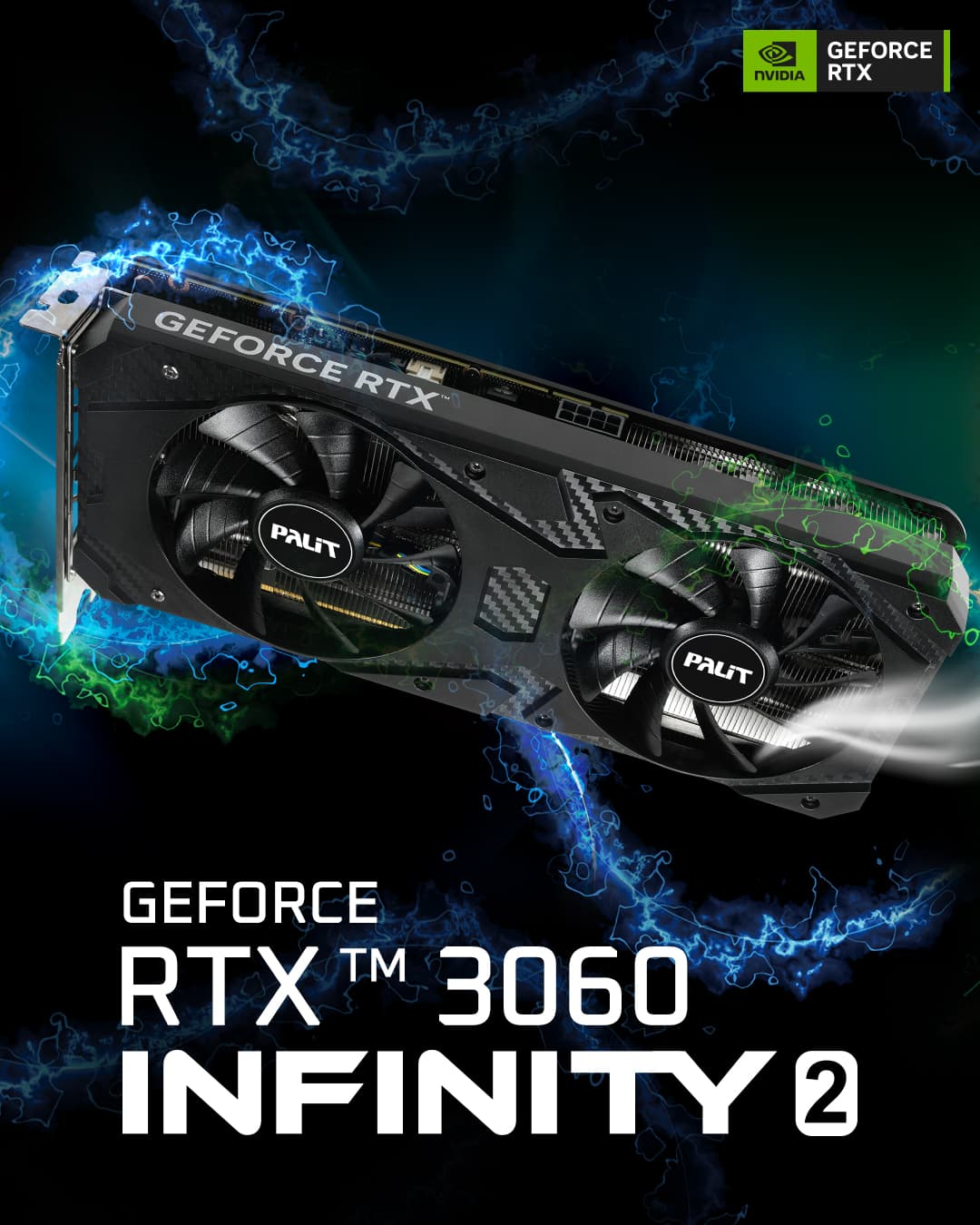 Visuel officiel vertical de la Palit GeForce RTX 3060 Infinity 2 avec son refroidissement noir à deux ventilateurs.