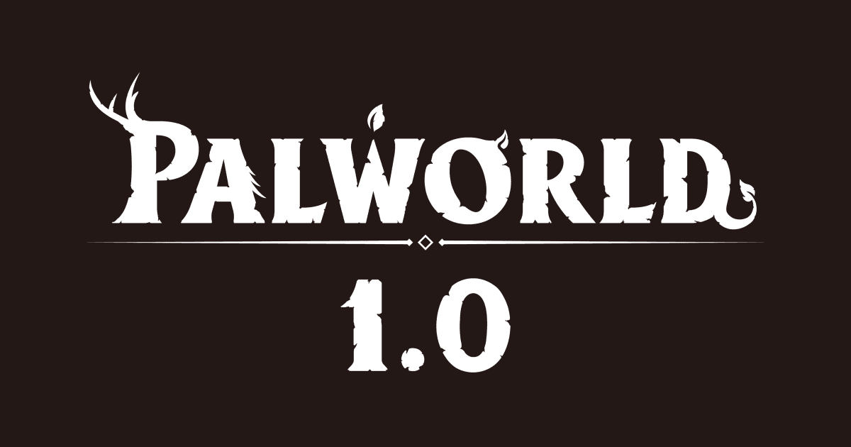 Logo blanc de Palworld 1.0 sur un fond brun sombre.