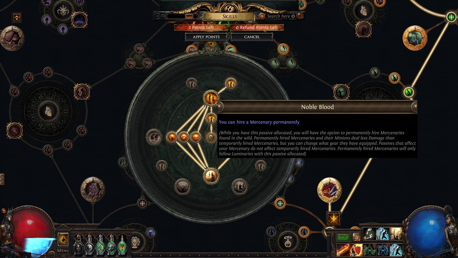 Arbre officiel de l'Ascendance Luminary de Path of Exile avec le nœud Noble Blood consacré aux mercenaires permanents.