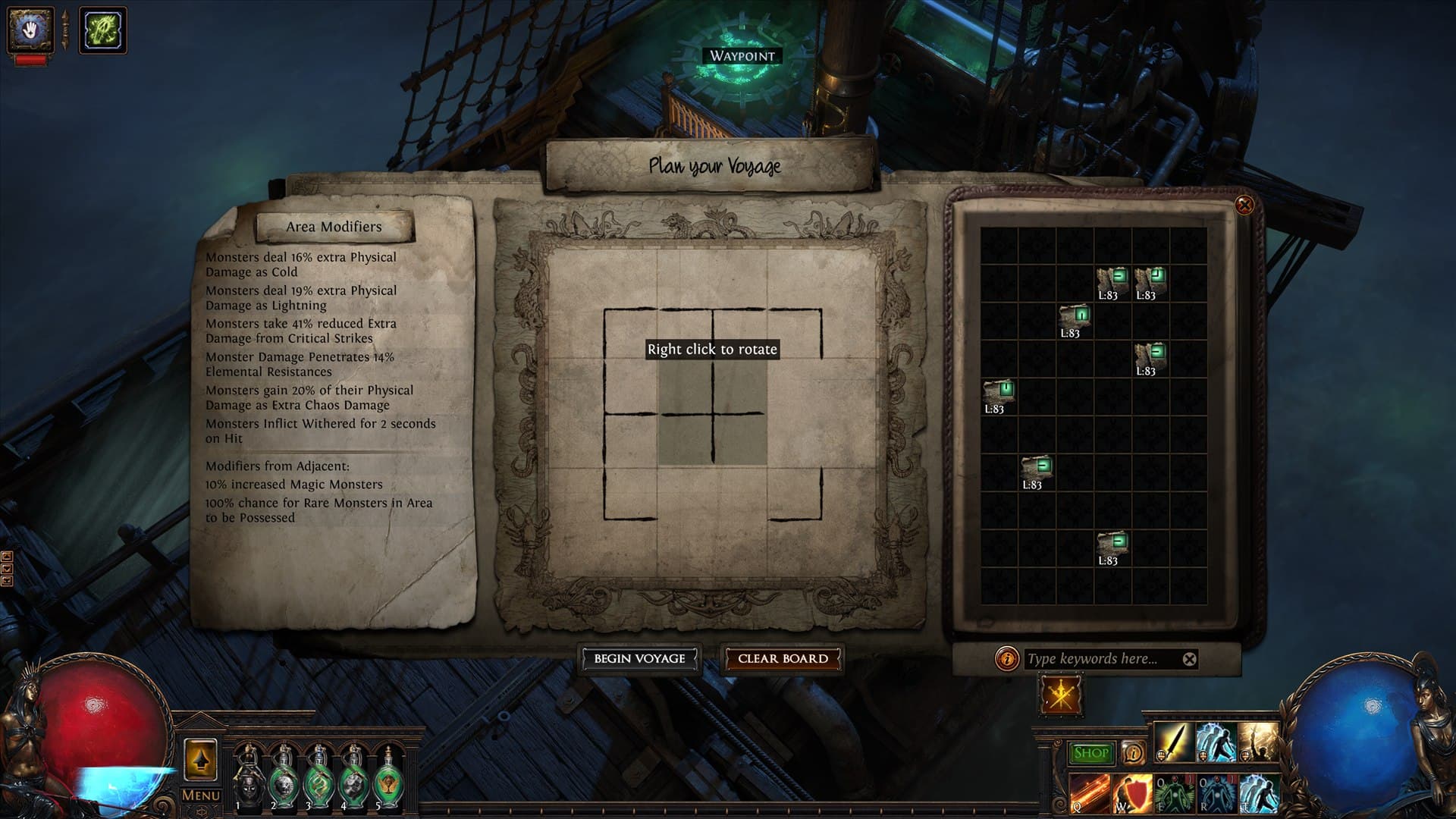 Interface officielle Plan your Voyage de Path of Exile avec neuf emplacements de cartes et des courants de corruption.