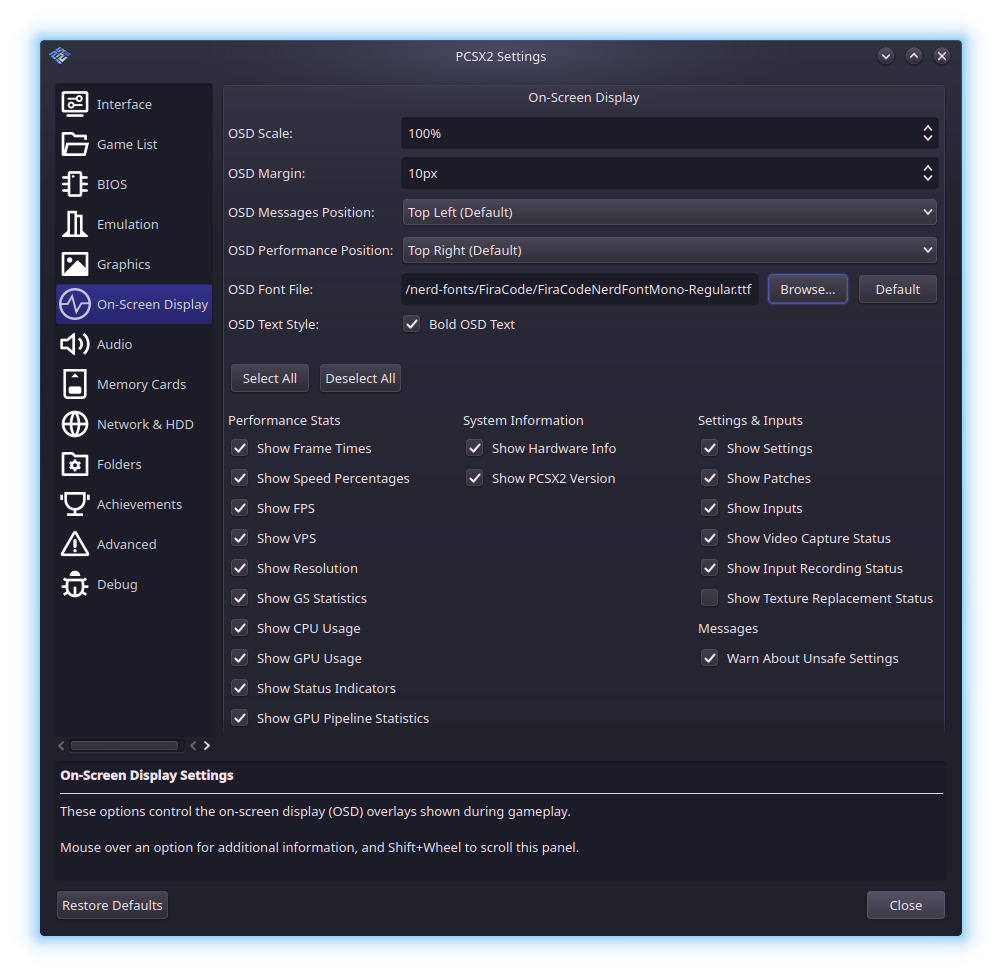Fenêtre des réglages d’affichage à l’écran de PCSX2 2.8 avec les options de police, de position et de statistiques de performance.