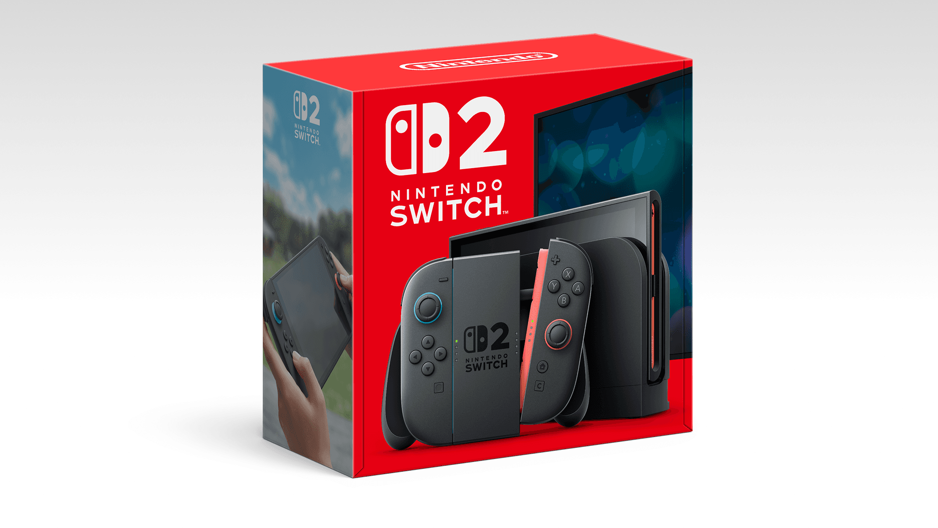 Boîte officielle Nintendo Switch 2 avec la console, son dock et ses deux Joy-Con 2.