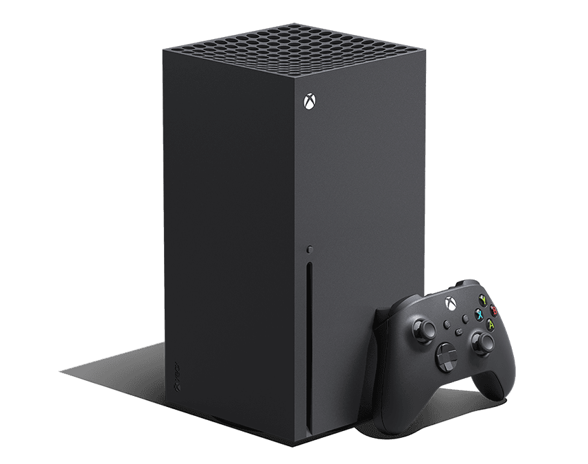Xbox Series X noire officielle équipée de son lecteur de disque et accompagnée d’une manette.