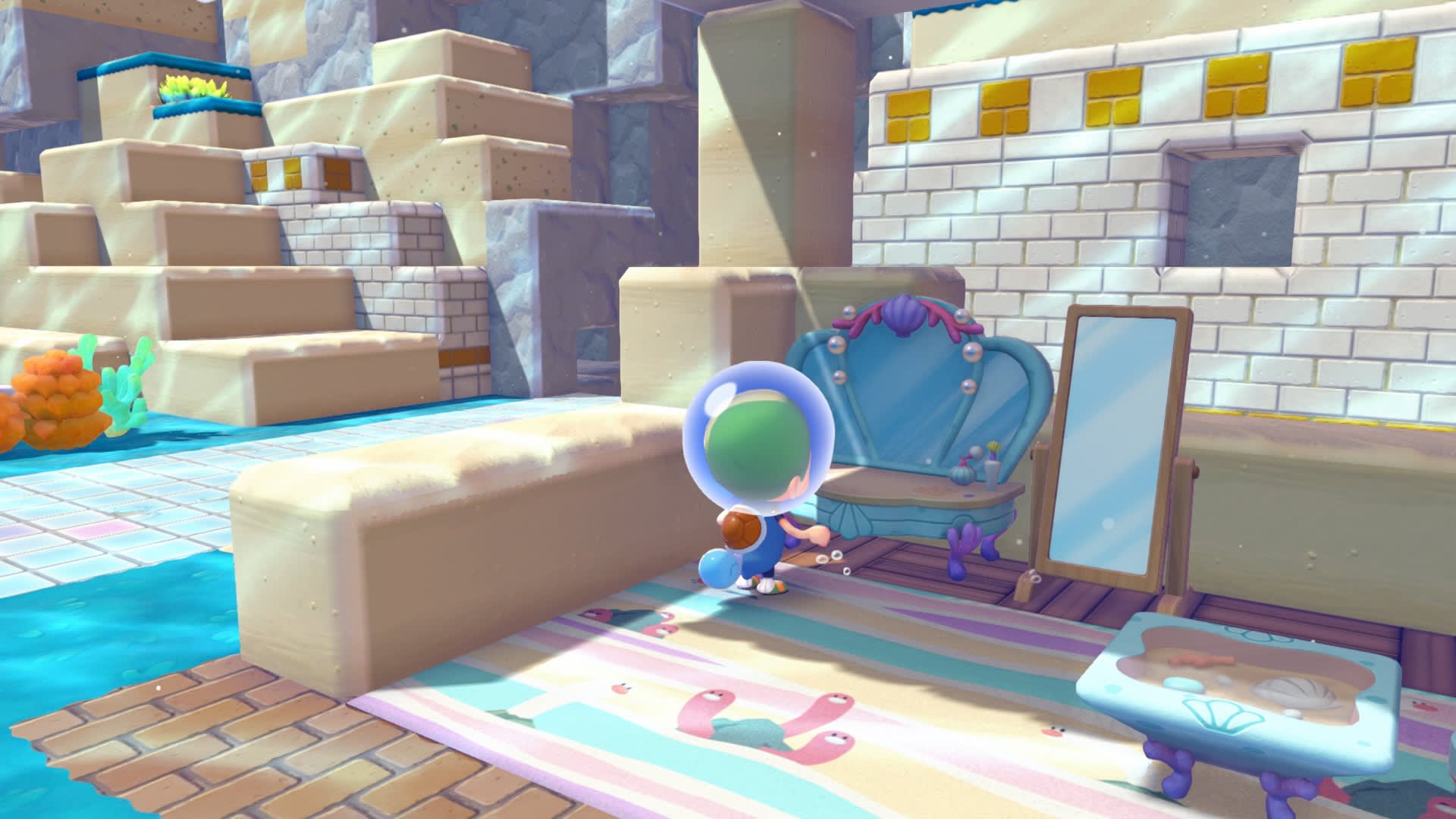 Métamorph devant du mobilier sous-marin de Fonds-bulleux dans Pokémon Pokopia.