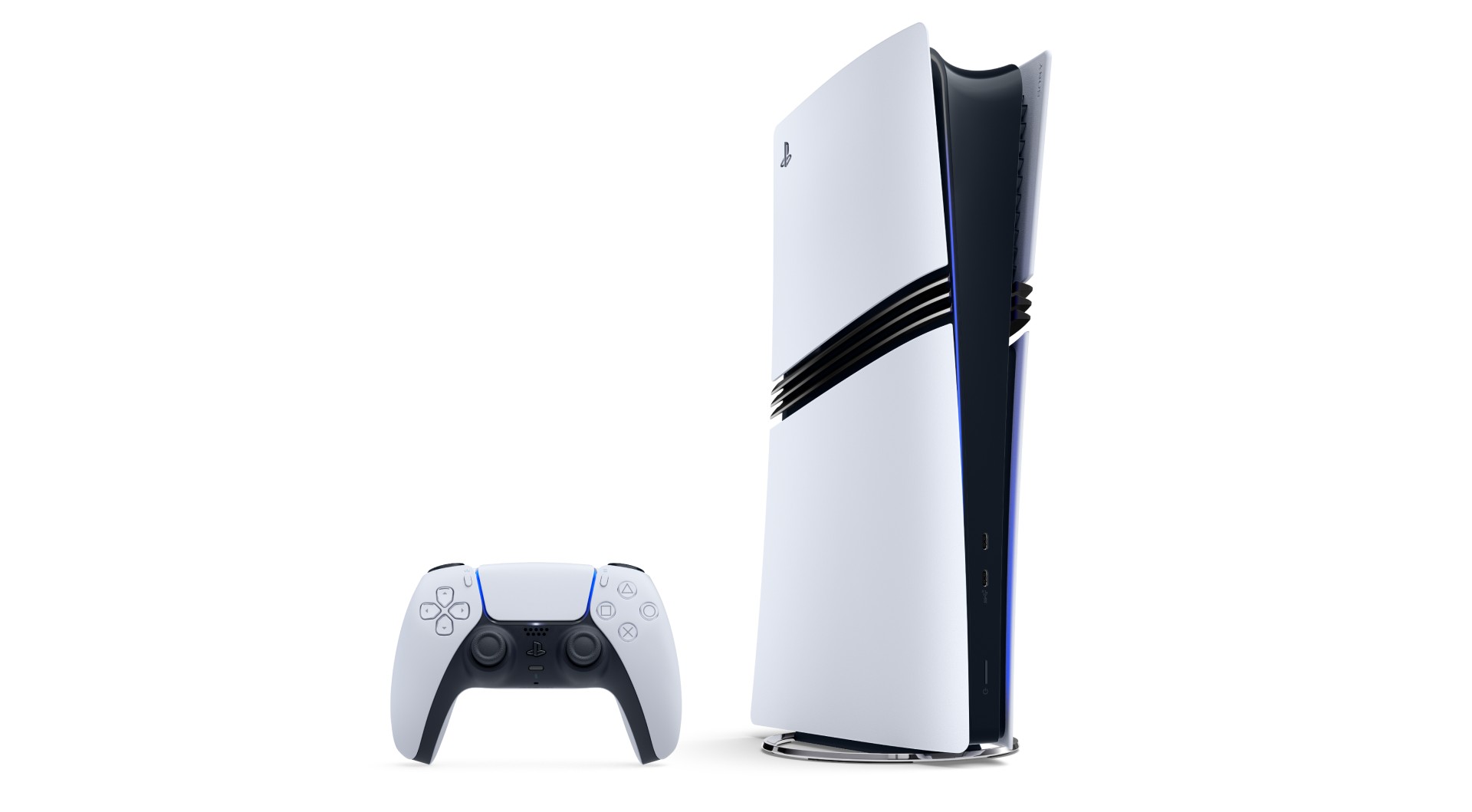 Console PS5 Pro et manette DualSense présentées sur un fond bleu officiel PlayStation.