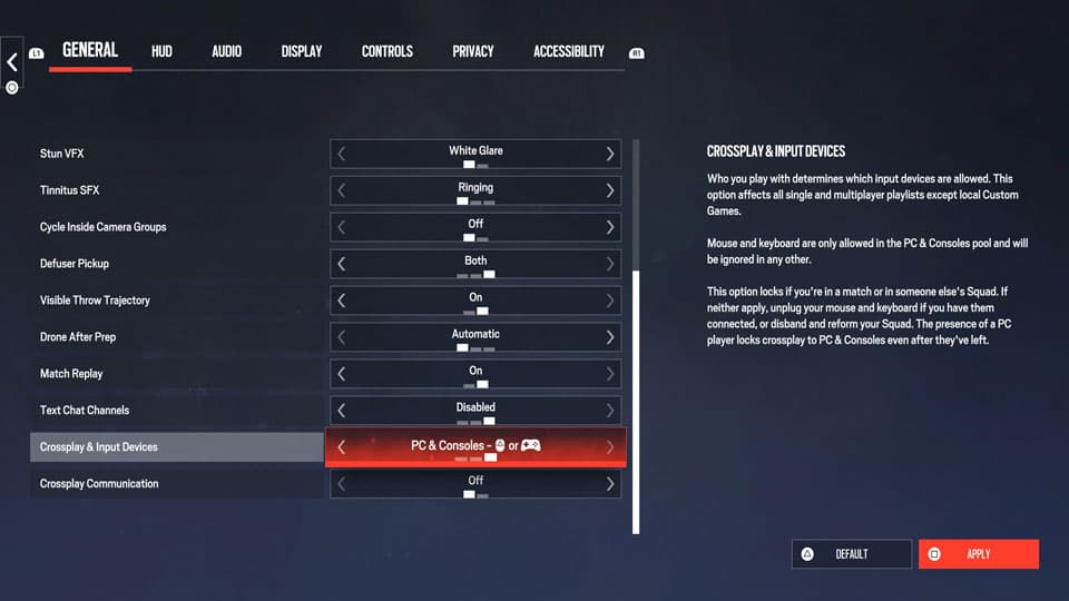 Capture officielle du réglage Cross-play et périphériques d’entrée dans Rainbow Six Siege.
