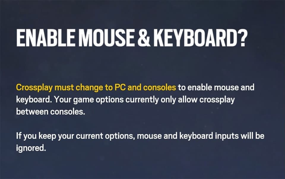Avertissement officiel proposant d’activer le cross-play PC et consoles pour utiliser clavier et souris.