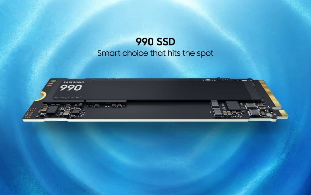 Vue officielle rapprochée du SSD Samsung 990 au format M.2 2280.