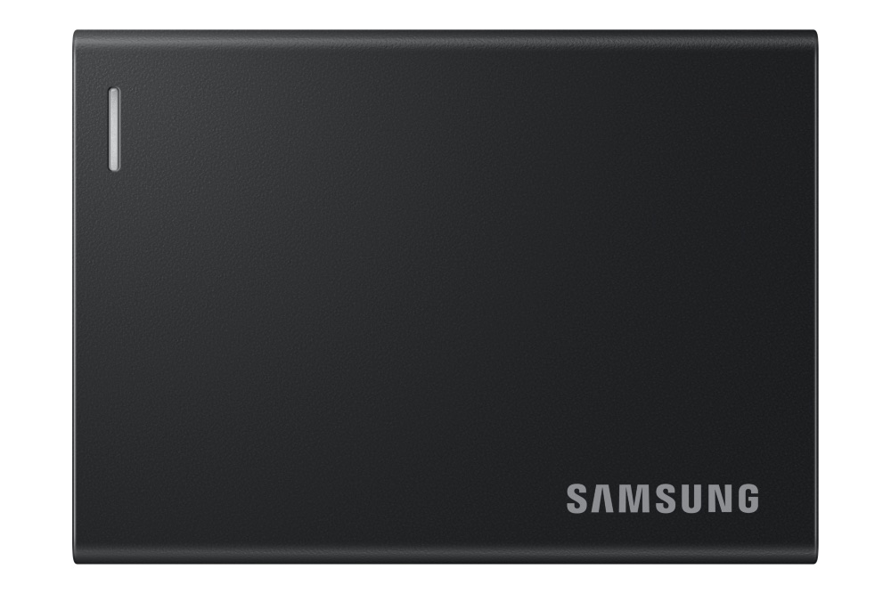 Rendu officiel de face du SSD portable Samsung P7 USB4 avec ses coins arrondis et son boîtier noir.