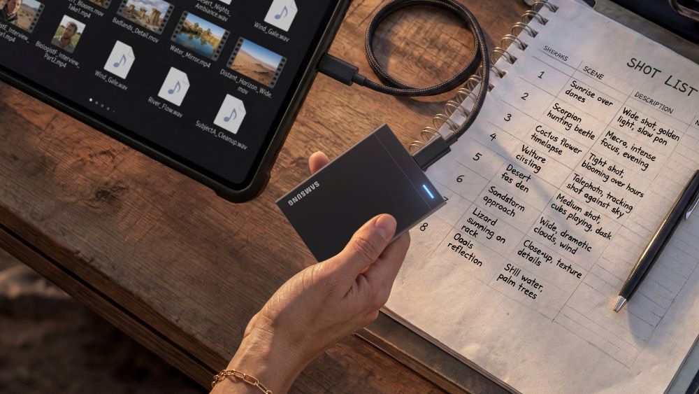 Photographie officielle d’un SSD portable Samsung de la série P relié par câble USB4 à un ordinateur portable.