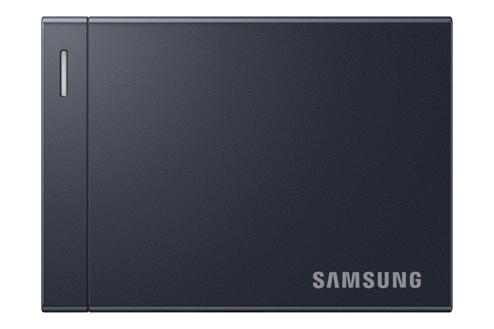 Rendu officiel de face du SSD portable Samsung P9 USB4 dans sa finition métallique sombre.