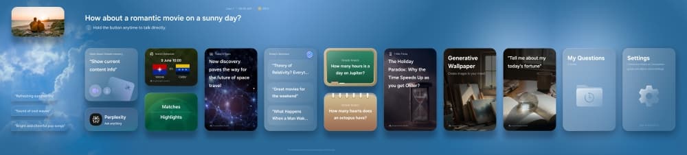 Interface officielle Samsung Vision AI Companion regroupant des cartes de contenus, d’applications et de réglages sur un téléviseur.
