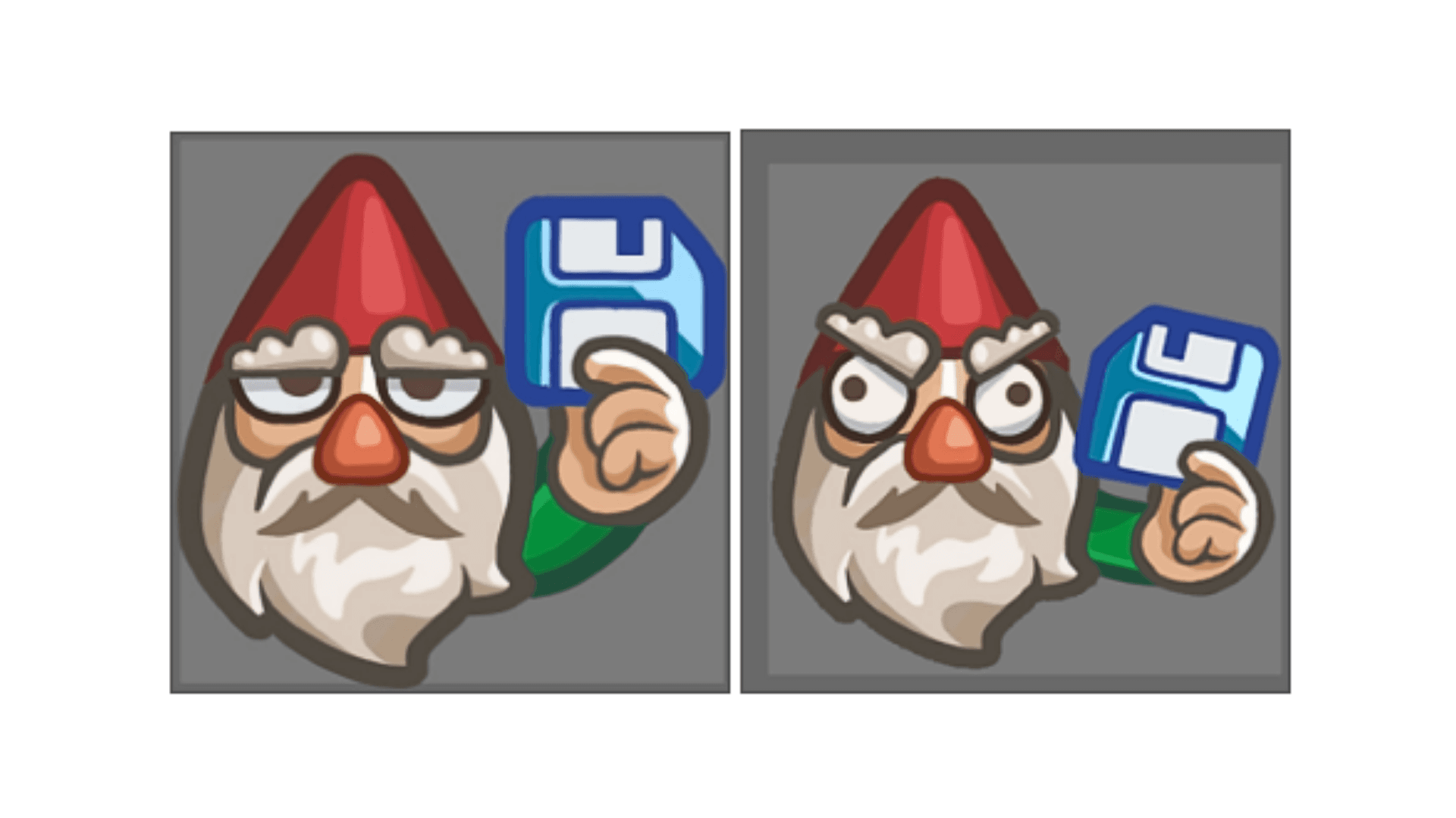 Deux gnomes officiels de The Sims 4 brandissant une icône de disquette pour illustrer les rappels de sauvegarde.