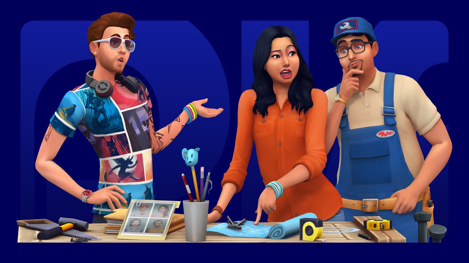 Visuel officiel de la mise à jour de juillet 2026 de The Sims 4 avec trois Sims autour d'une table de construction.