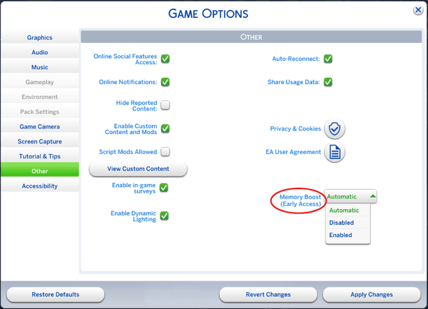Ancienne capture officielle des options de The Sims 4 montrant le réglage Early Access de Memory Boost.