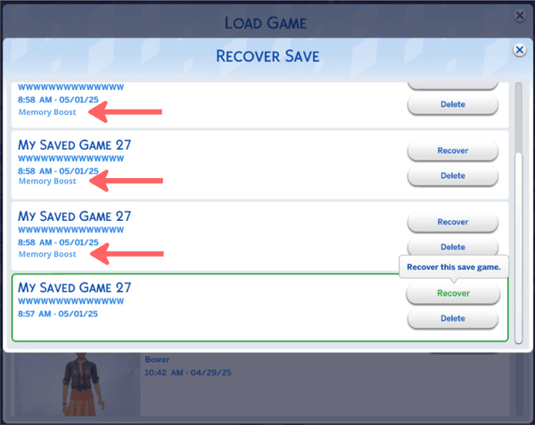 Capture officielle de The Sims 4 montrant les étiquettes Memory Boost dans la liste des sauvegardes de récupération.