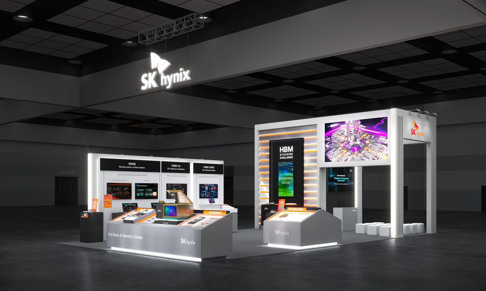 Rendu officiel du stand SK hynix au Future of Memory and Storage 2026 présentant ses technologies de mémoire pour l’intelligence artificielle.