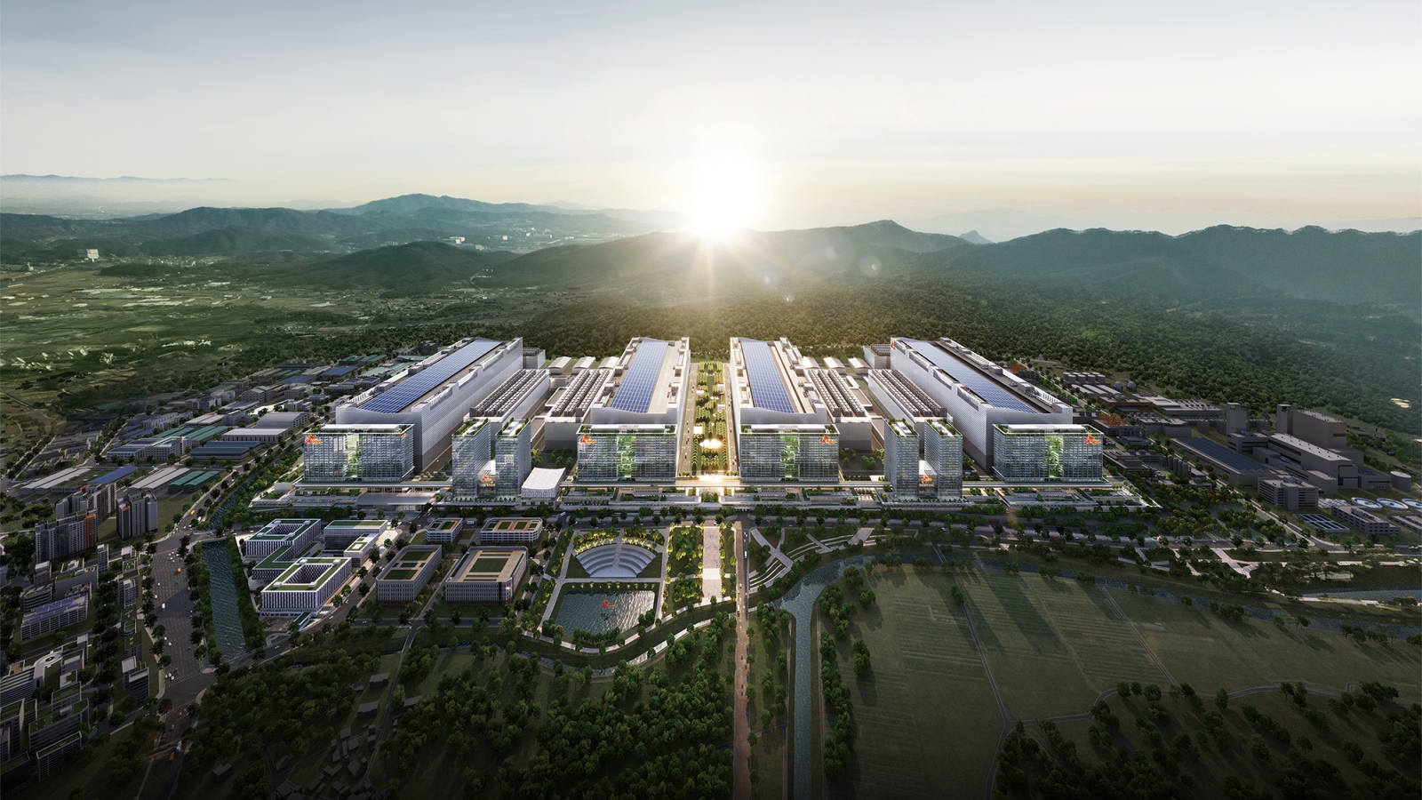Rendu officiel du cluster de semi-conducteurs SK hynix à Yongin avec la future fab Y2.