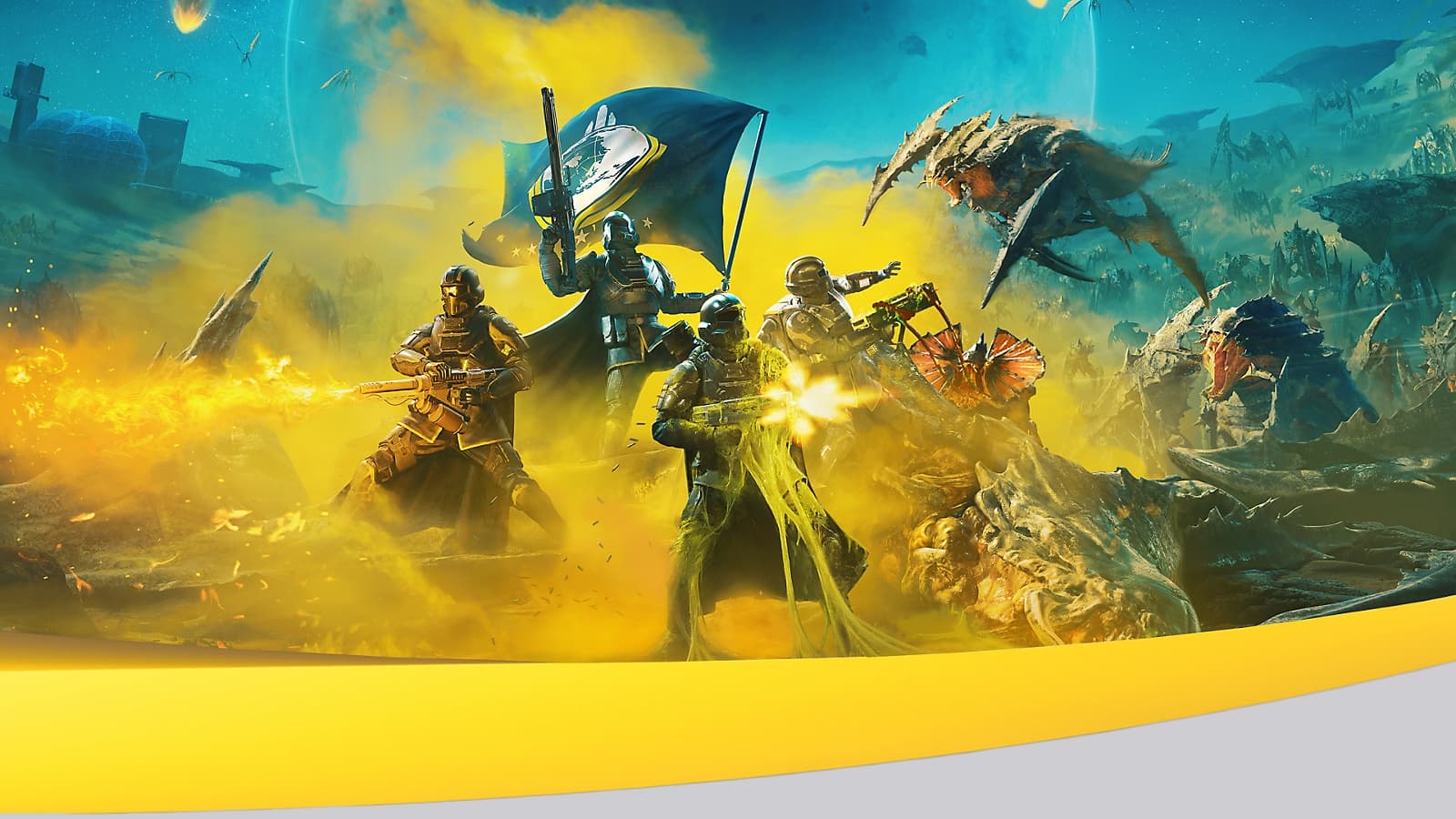 Visuel officiel PlayStation Plus consacré au multijoueur en ligne, avec une escouade de Helldivers.