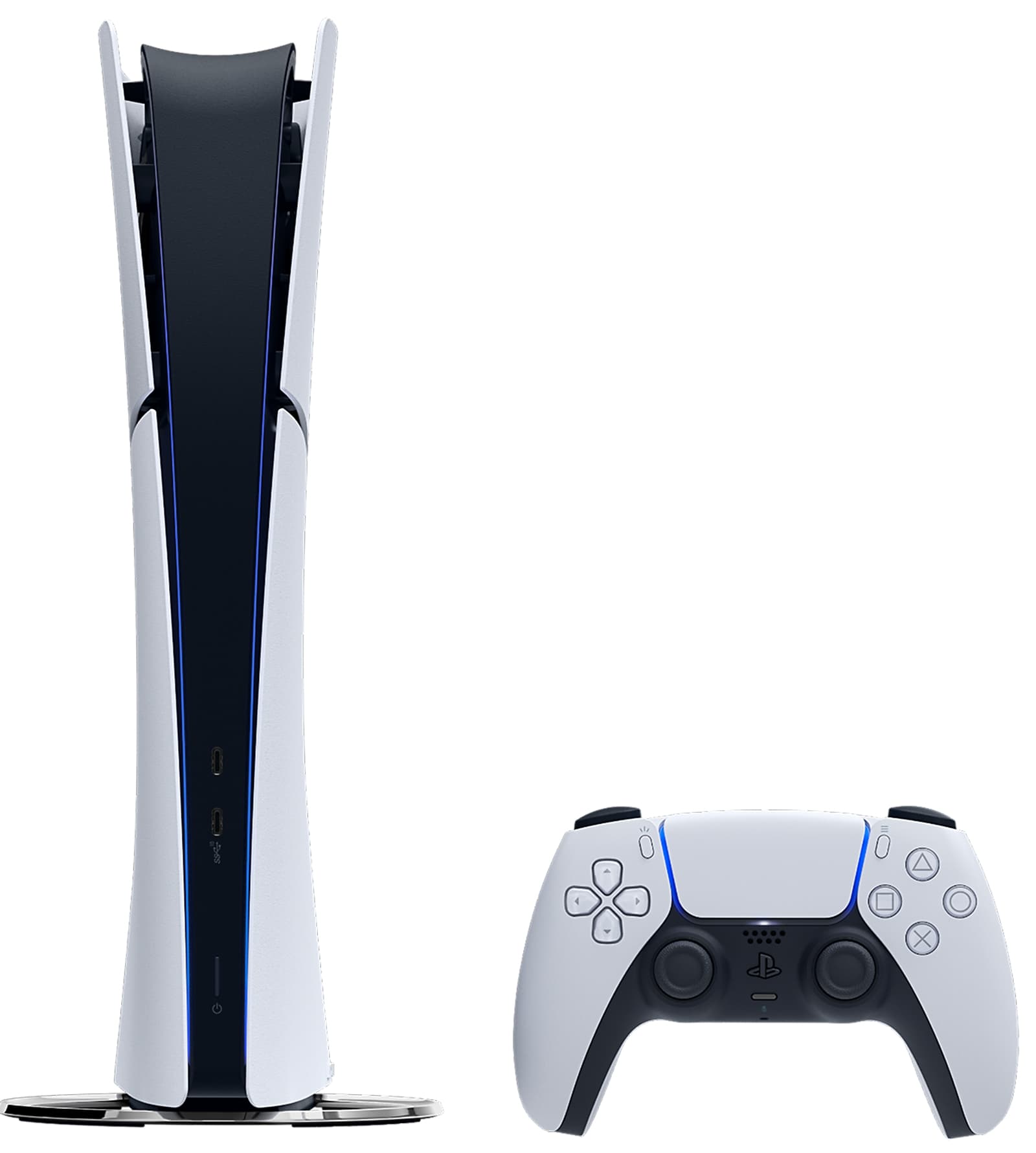 Console PS5 édition numérique et manette DualSense dans un visuel produit officiel Sony.