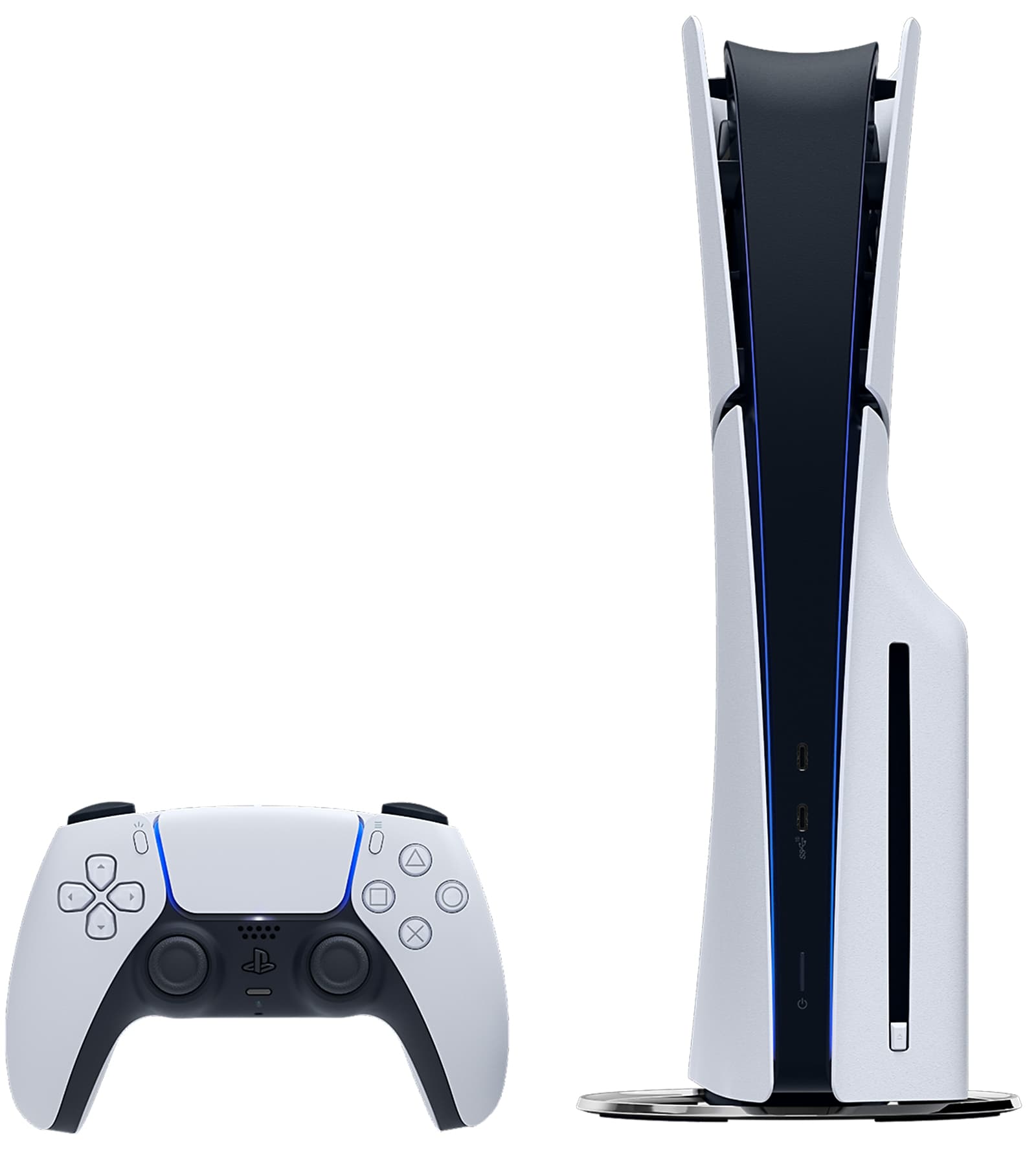 Console PS5 avec lecteur de disque et manette DualSense dans un visuel produit officiel Sony.