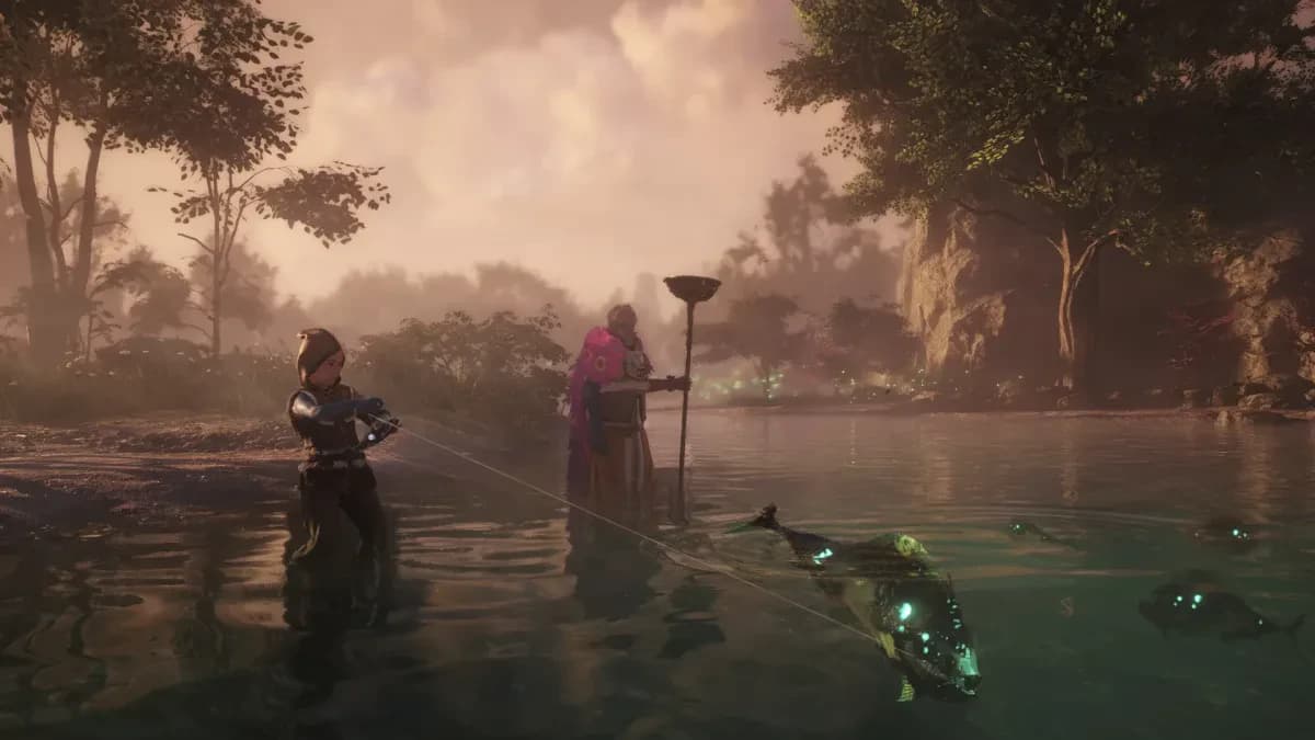 Deux personnages pêchent dans une rivière peuplée de poissons lumineux dans Soulframe.