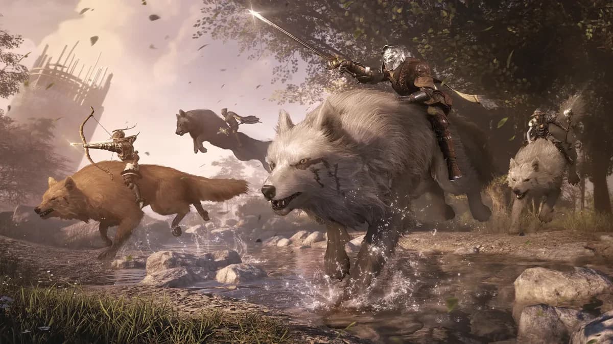 Trois Envoyés chevauchent des loups à travers une rivière, menés par un grand loup blanc dans Soulframe.