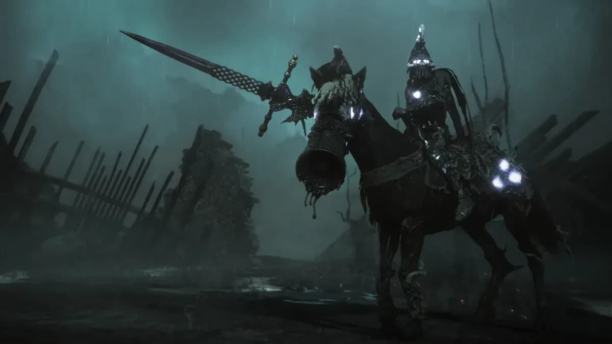Le Mendicant Reinbreaker brandit une longue épée depuis sa monture dans un marais sombre de Soulframe.