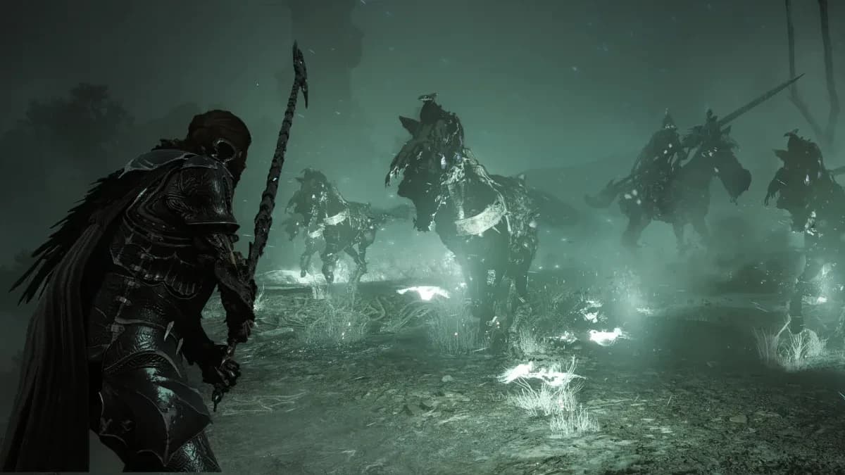 Un Envoyé du Pacte Vadagar affronte une charge de cavaliers spectraux dans un paysage corrompu de Soulframe.