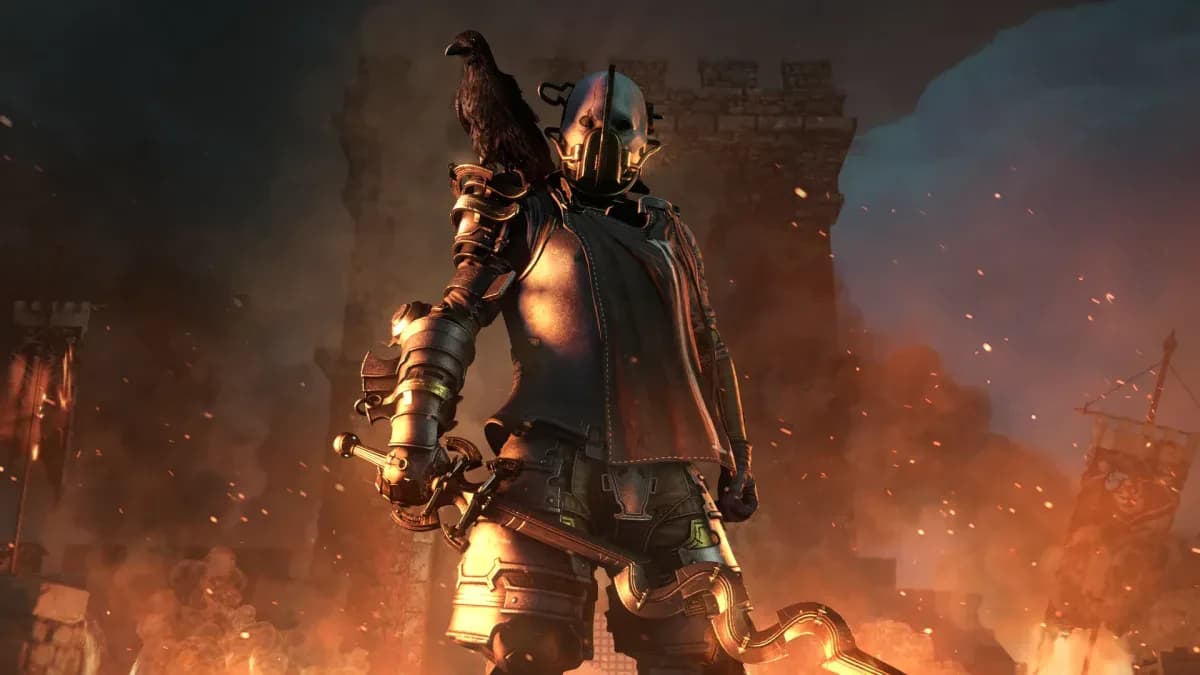 Tempest Bayor se tient devant des ruines en feu avec son corbeau Kress sur l’épaule dans Soulframe Warsongs.