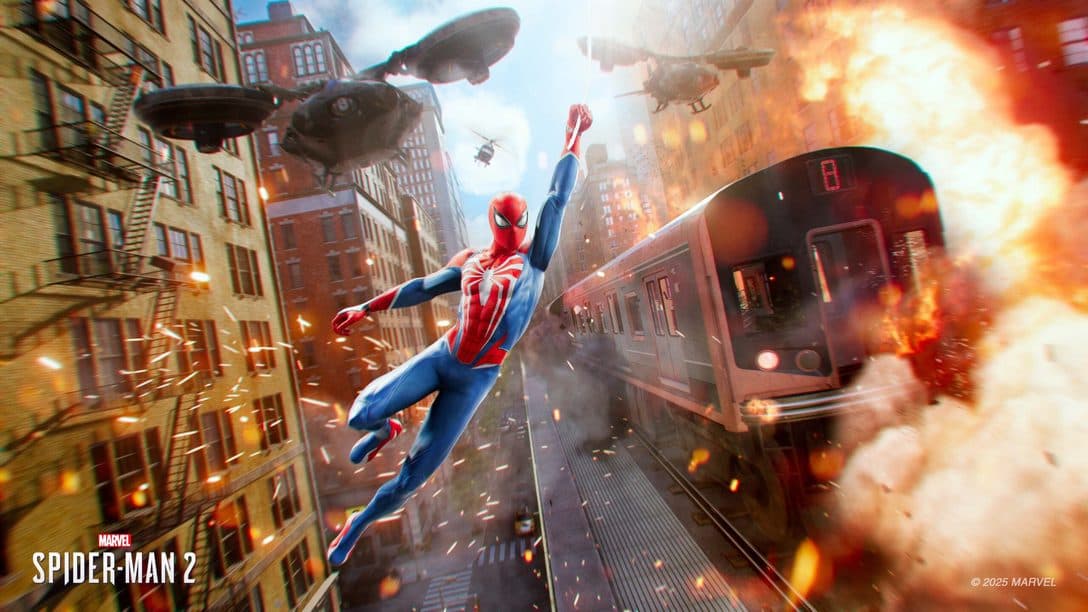 Capture officielle PlayStation de Marvel’s Spider-Man 2 sur PC montrant Spider-Man près d’un métro en mouvement.