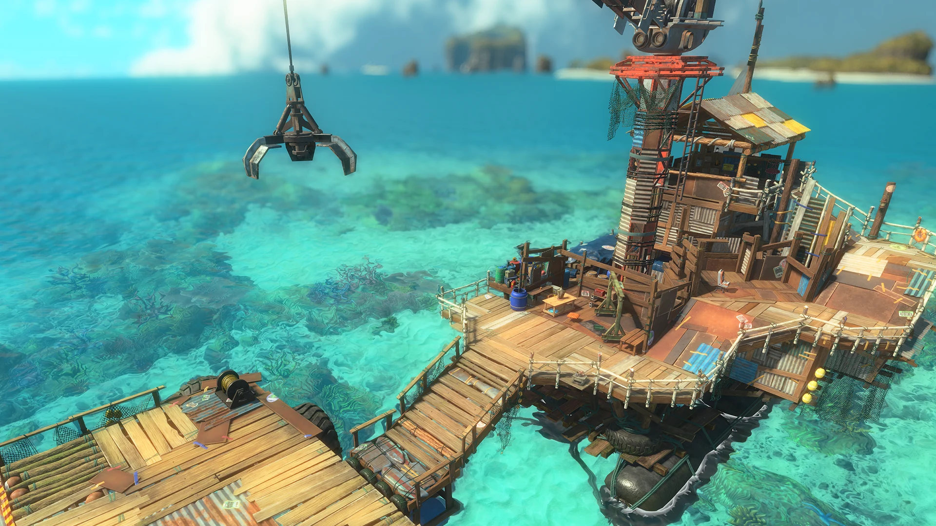 Capture officielle en hauteur du navire-base de Splatoon Raiders au milieu des îles Spiralites.