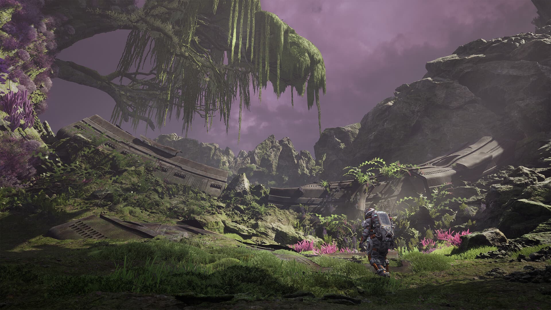 Jan explore l’Oasis verdoyante dans une capture officielle de The Alters: Last Variable.