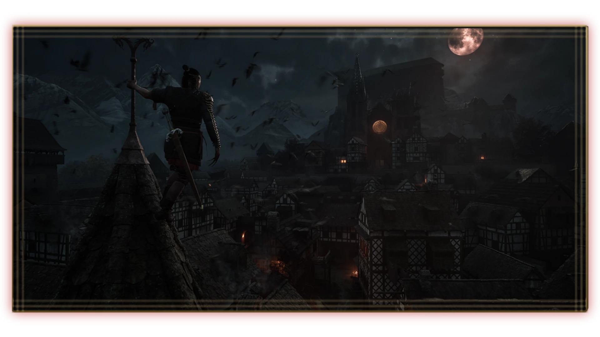 Coen se déplace au-dessus des toits d’une cité médiévale de nuit dans un visuel officiel de The Blood of Dawnwalker.