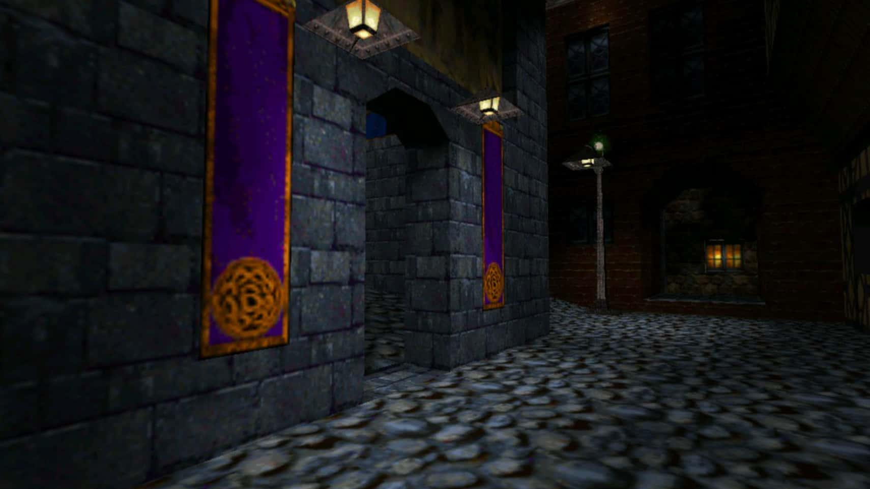 Rue sombre de Thief Gold éclairée par quelques lanternes dans une capture officielle GOG.