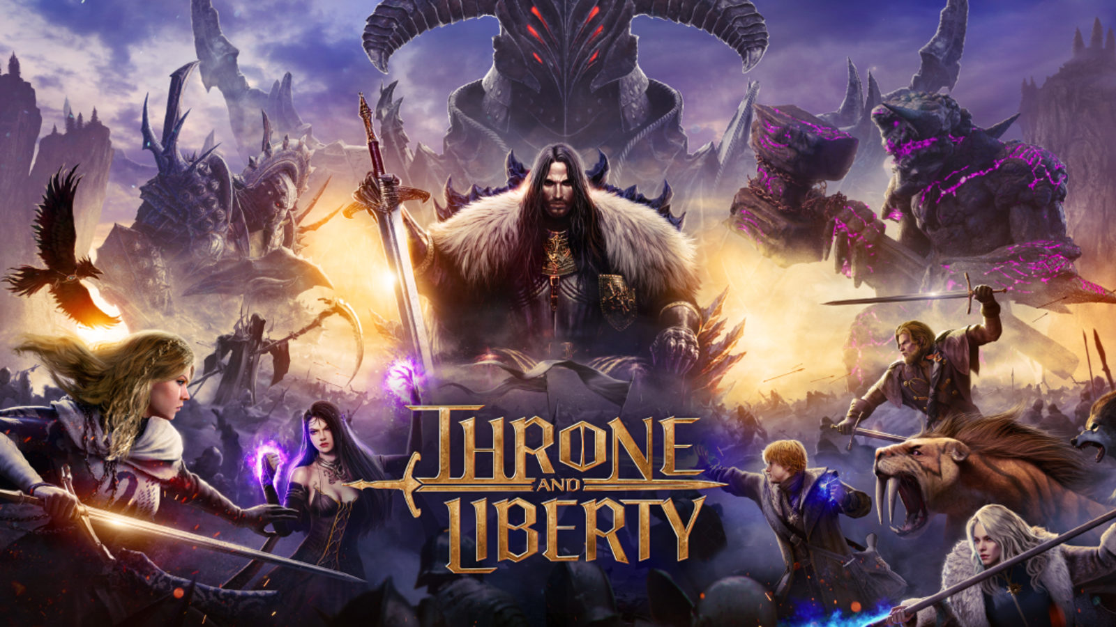 Key art officiel de Throne and Liberty avec des héros, des créatures et le logo du jeu.