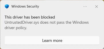 Notification officielle de Windows Security indiquant qu’un pilote non approuvé a été bloqué.