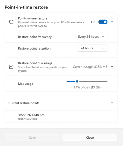 Capture officielle de Windows 11 montrant les réglages et la liste des points de restauration disponibles.