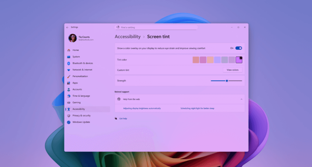 Capture officielle de Windows 11 montrant le réglage Screen tint dans les paramètres d’accessibilité.