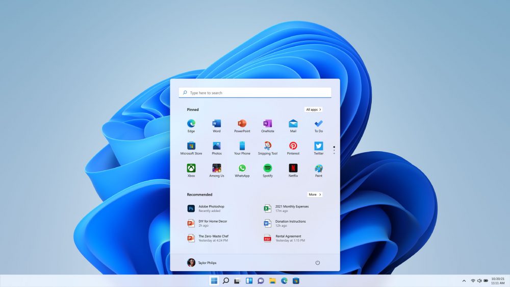 Menu Démarrer officiel de Windows 11 affiché sur un ordinateur portable.