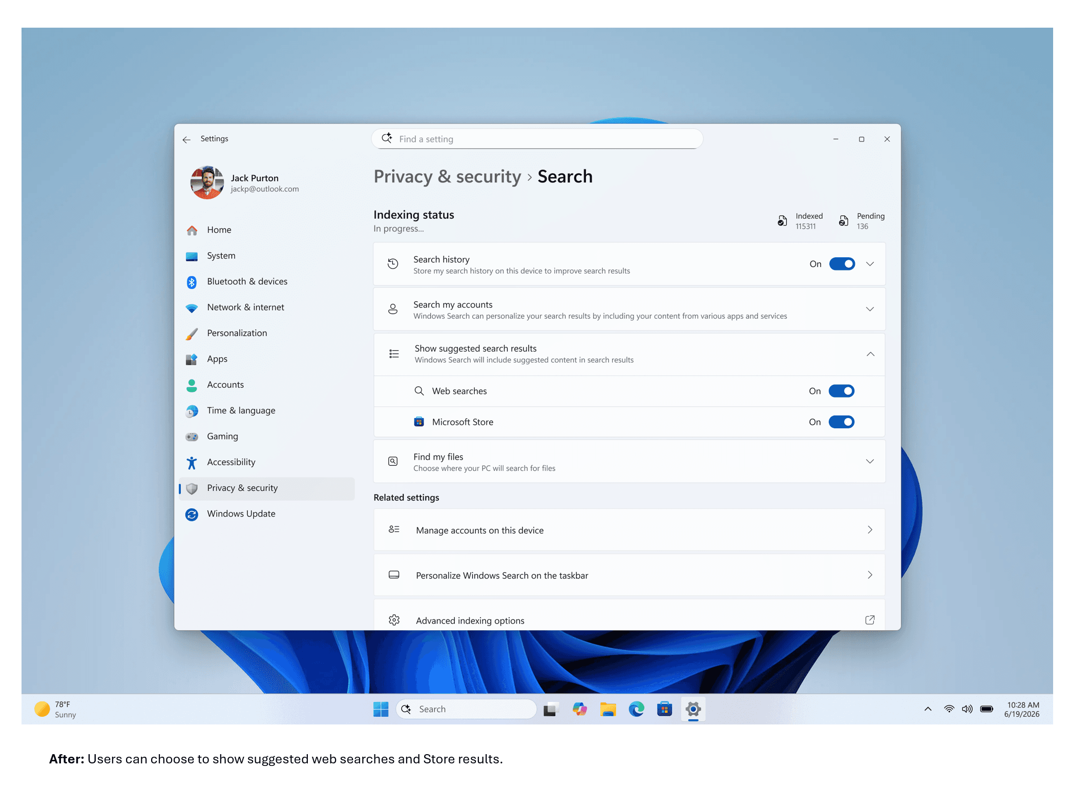 Capture officielle Microsoft des nouveaux interrupteurs Web searches et Microsoft Store dans les paramètres de recherche Windows 11.