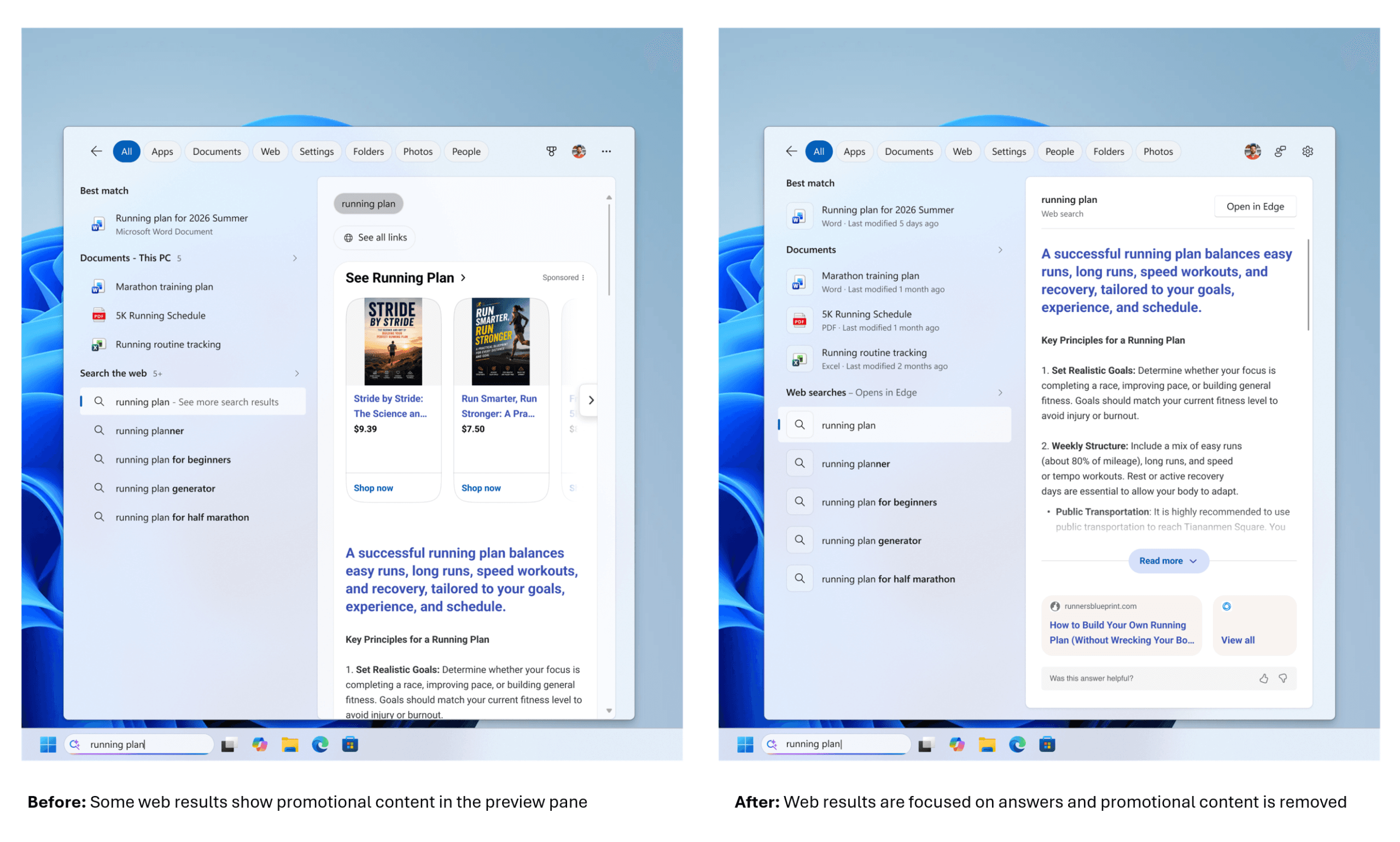 Comparaison officielle Microsoft d’un résultat Web Windows Search avec puis sans contenu commercial dans le panneau d’aperçu.