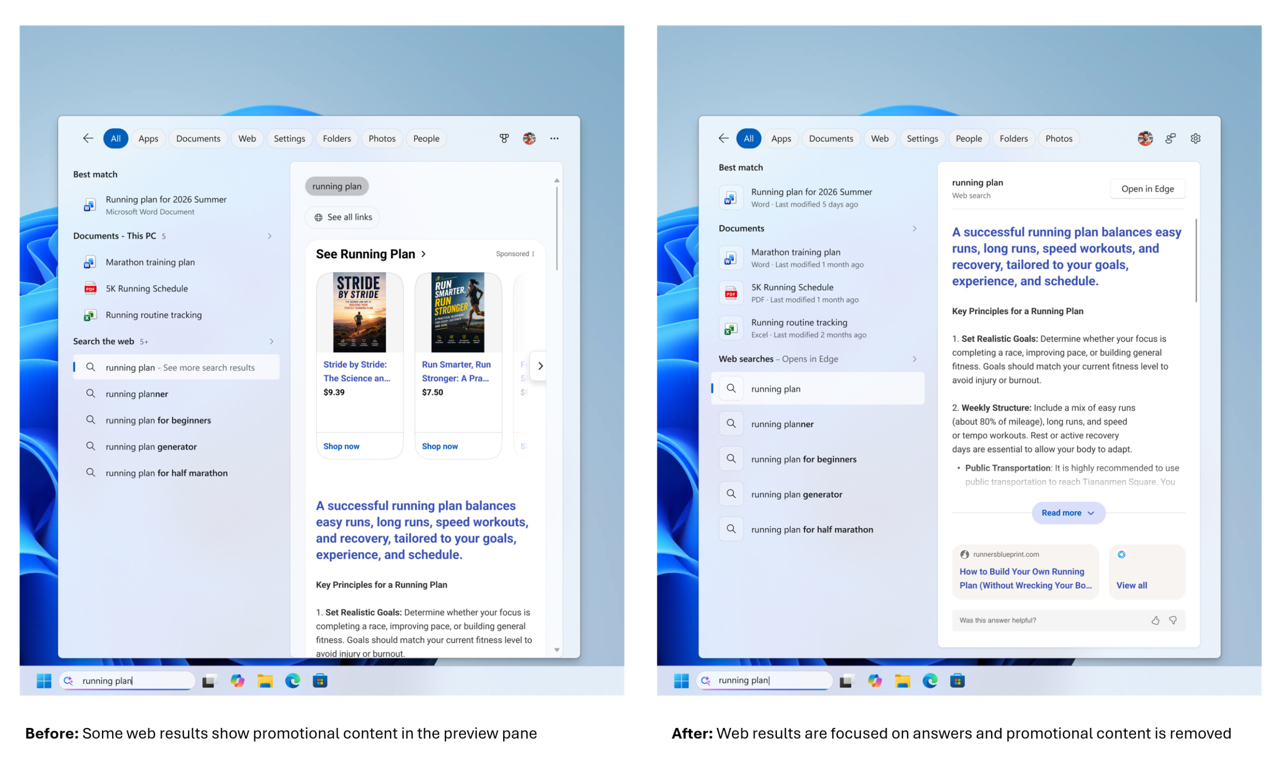 Comparaison officielle Microsoft d’un résultat Web Windows Search avec puis sans contenu commercial dans le panneau d’aperçu.