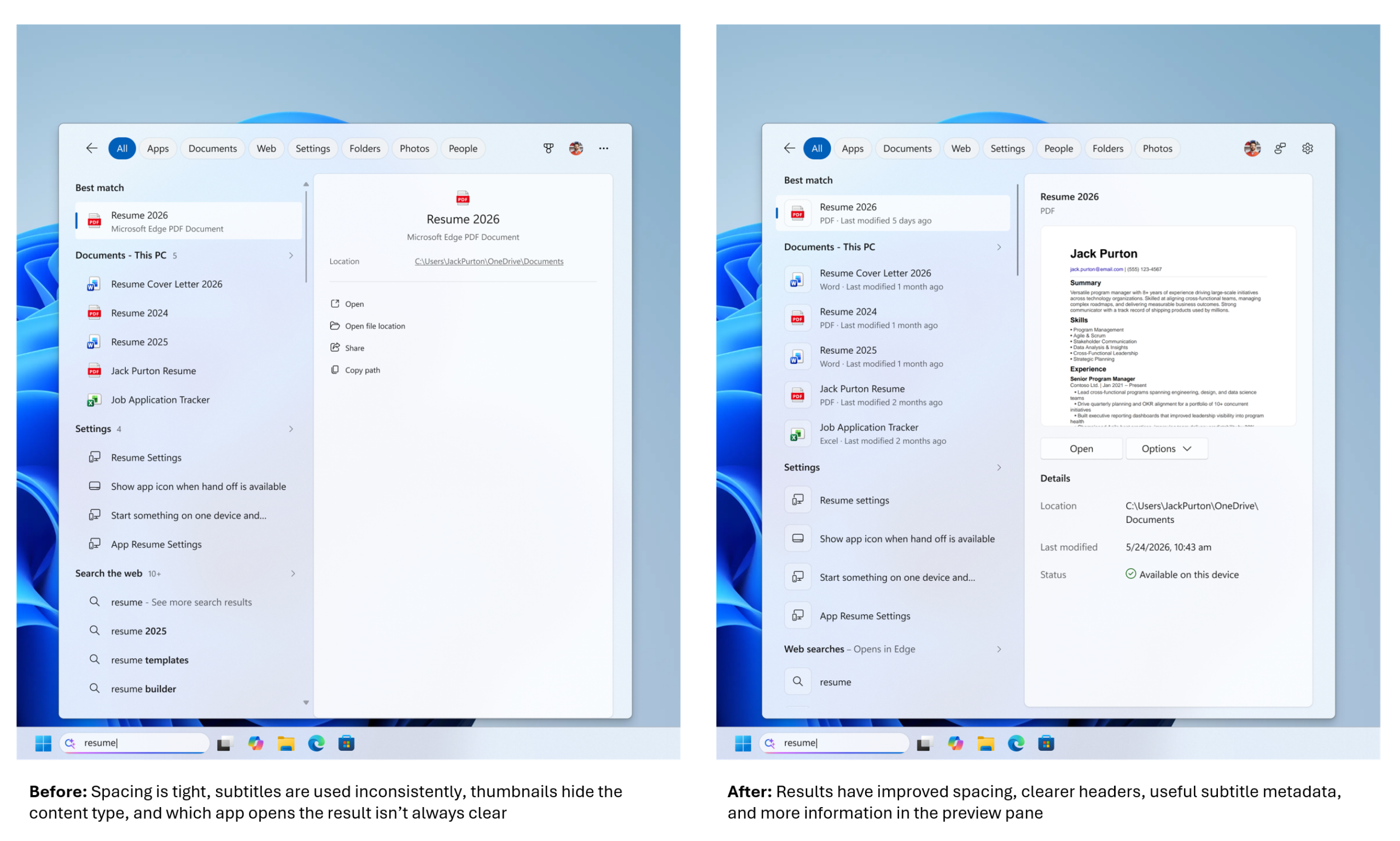 Comparaison officielle Microsoft des résultats Windows Search avant et après la refonte de la lisibilité.