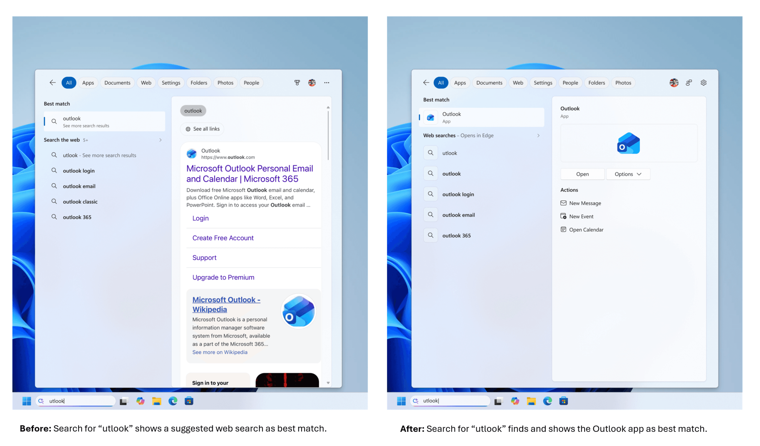 Démonstration officielle Microsoft de Windows Search retrouvant Outlook malgré la saisie incomplète utlook.