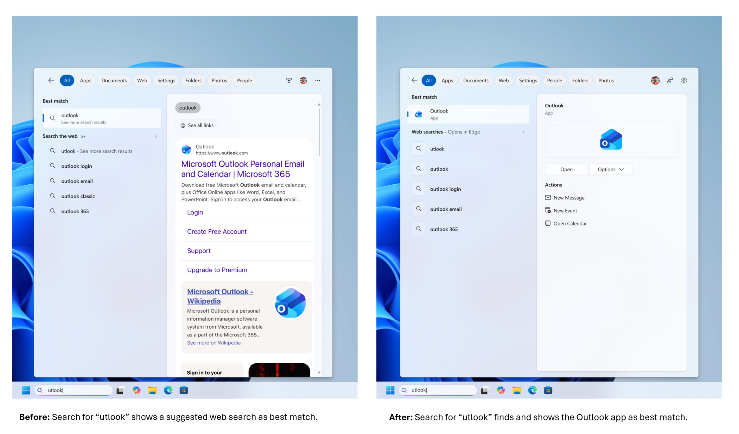 Démonstration officielle Microsoft de Windows Search retrouvant Outlook malgré la saisie incomplète utlook.