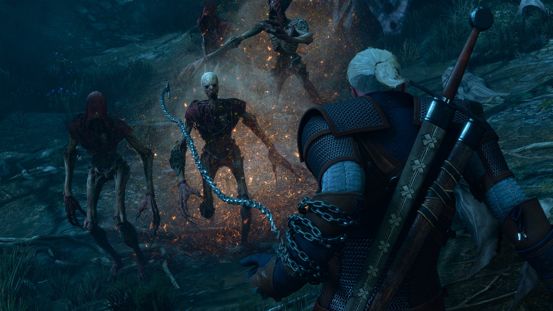 Geralt utilise une chaîne d’argent contre plusieurs créatures dans une capture PC officielle de Songs of the Past.