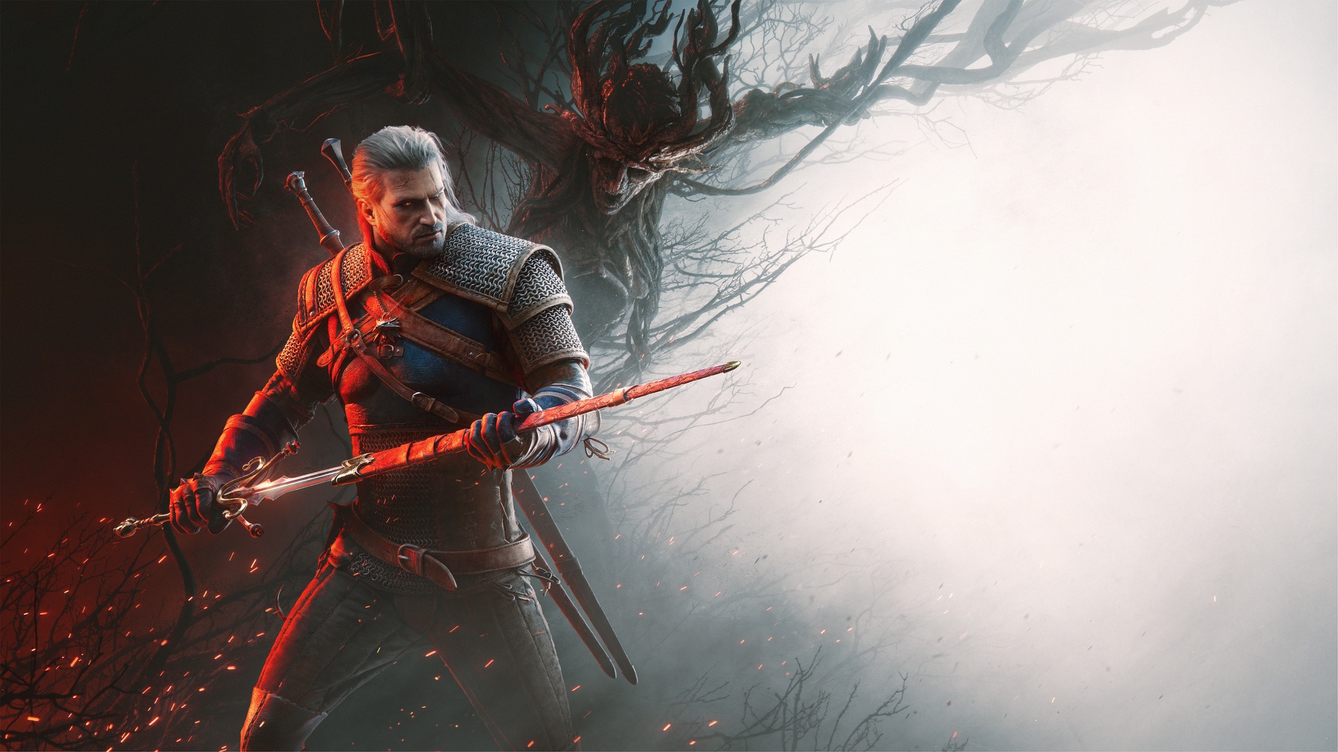 Geralt de Riv tenant une chaîne d’argent devant une créature sylvestre dans le key art officiel de Songs of the Past.